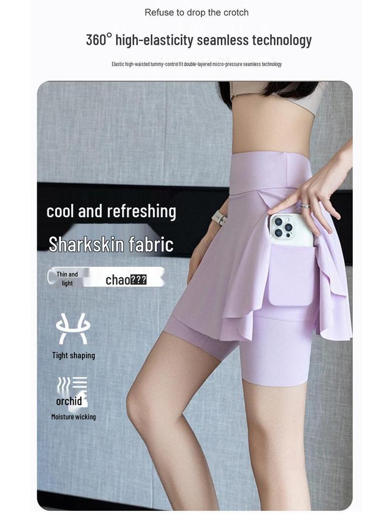 Women's Two-Piece Leggings with High-Waisted Skirt - Anti-Exposure, Color Block Yoga Shark Design