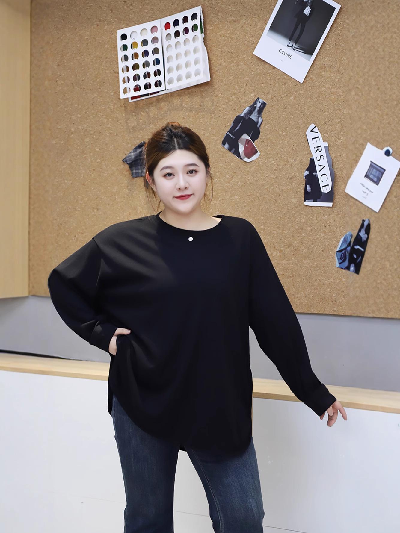 

Осень 2025 Бамбуковый хлопковый топ свободного кроя с длинным рукавом для женщин больших размеров 5XL (recommended weight 180-220 pounds) чёрный