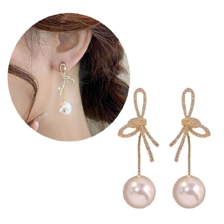 Fashionable Bows Drop Earrings Sweet Pearl Earrings Crystal Bowknot Ear Pendant