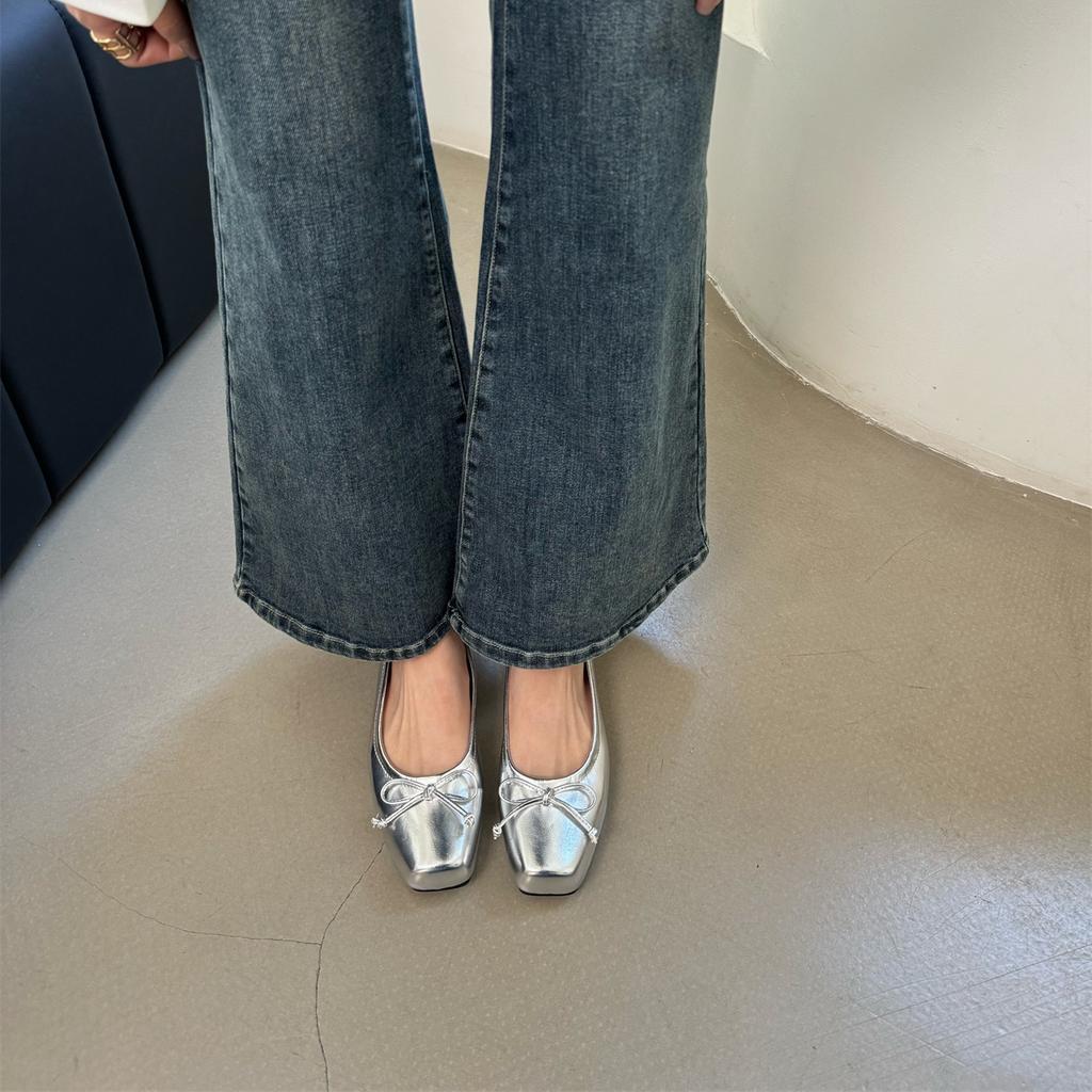 Fashion Woman Elegant Flat Shoes Women Square Toe Bowtie Slip on Ballet Flats Lazy Loafers Moccasins Ladies Casual Flats Shoes