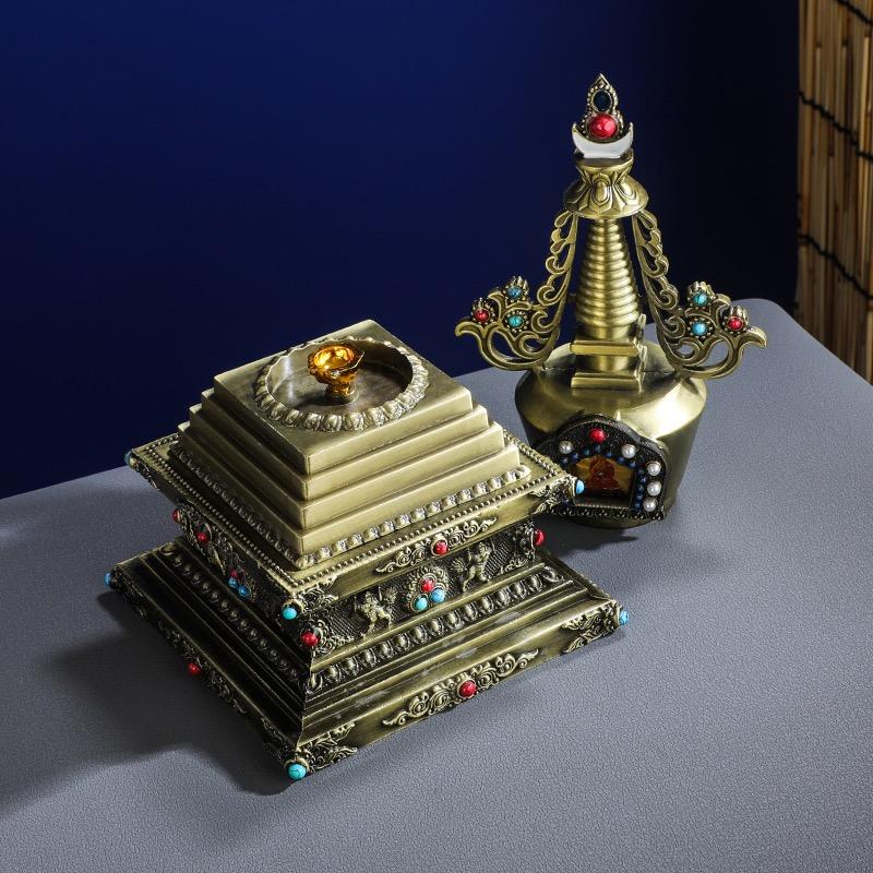 Bronze Tibetan Stupa Tantric Engraved Pearl Inlaid Gem Shiri Buddhist Statue Alloy Handicraft Altars Indoor Desktop Decorative