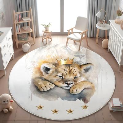 Cute Lions Themed Carpet,Baby Lion Round Rug,Safari Playmat for Boys Room, Non-Slip Round Rug, Washable Kids Rug