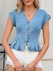 Women's V-neck Button-up Slim Fit Pleated Denim Vest Top