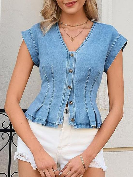 Women's V-neck Button-up Slim Fit Pleated Denim Vest Top