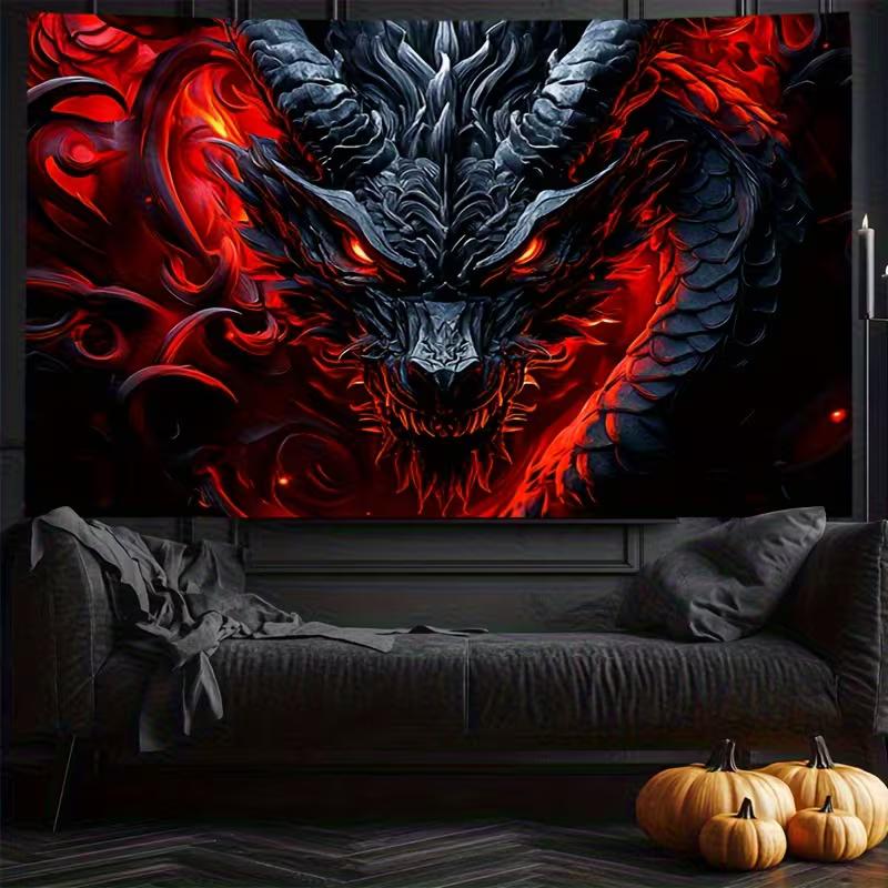 2D Flaming Dragon Head Tapestry Gothic Fantasy Background Cloth