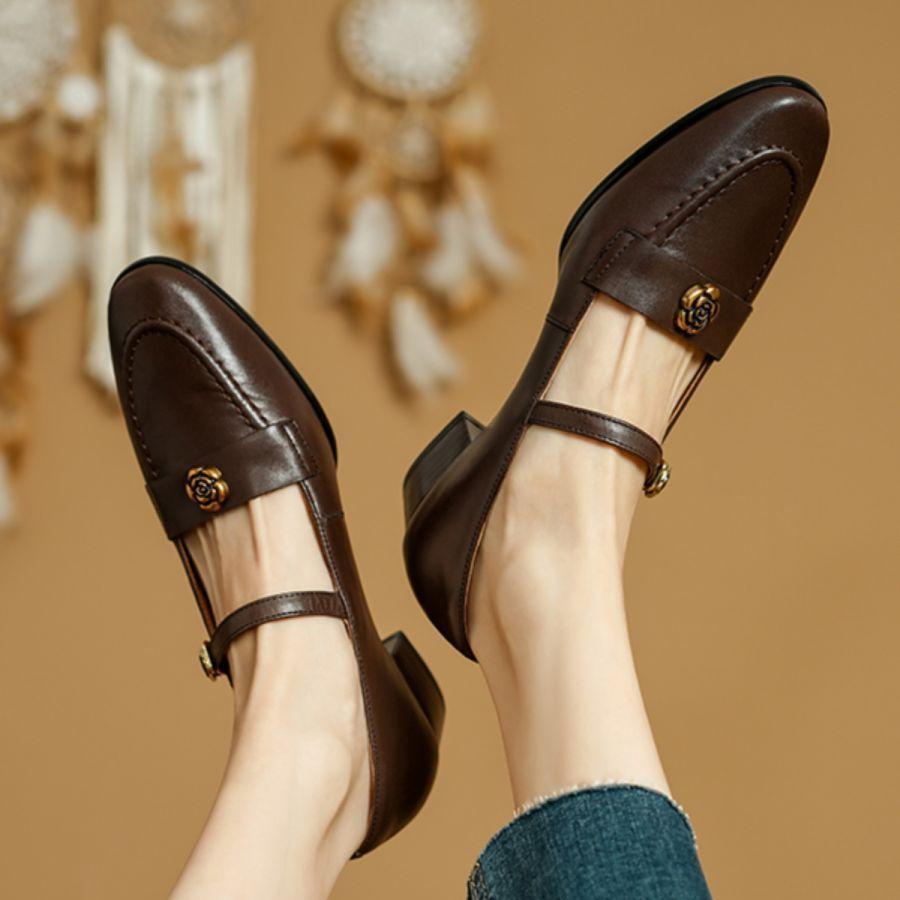 Vintage Round Head Medium Heel Single Shoes Women's Fashion One-word Buckle with Camellia Soft Sole Thick Heel Mary Jane Women's Shoes Small Leath