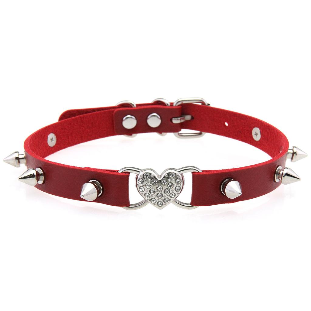 Sweet Cool Rhinestone Heart Rivet Leather Choker, Punk Heart Clavicle Necklace for Women