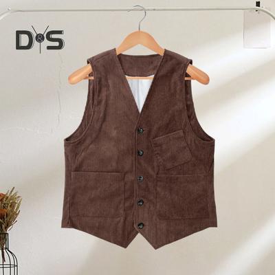 Men Corduroy Vest Coat V-neck Sleeveless Single Breasted Buttons Waistcoat with Pockets Solid Color Vest Jacket