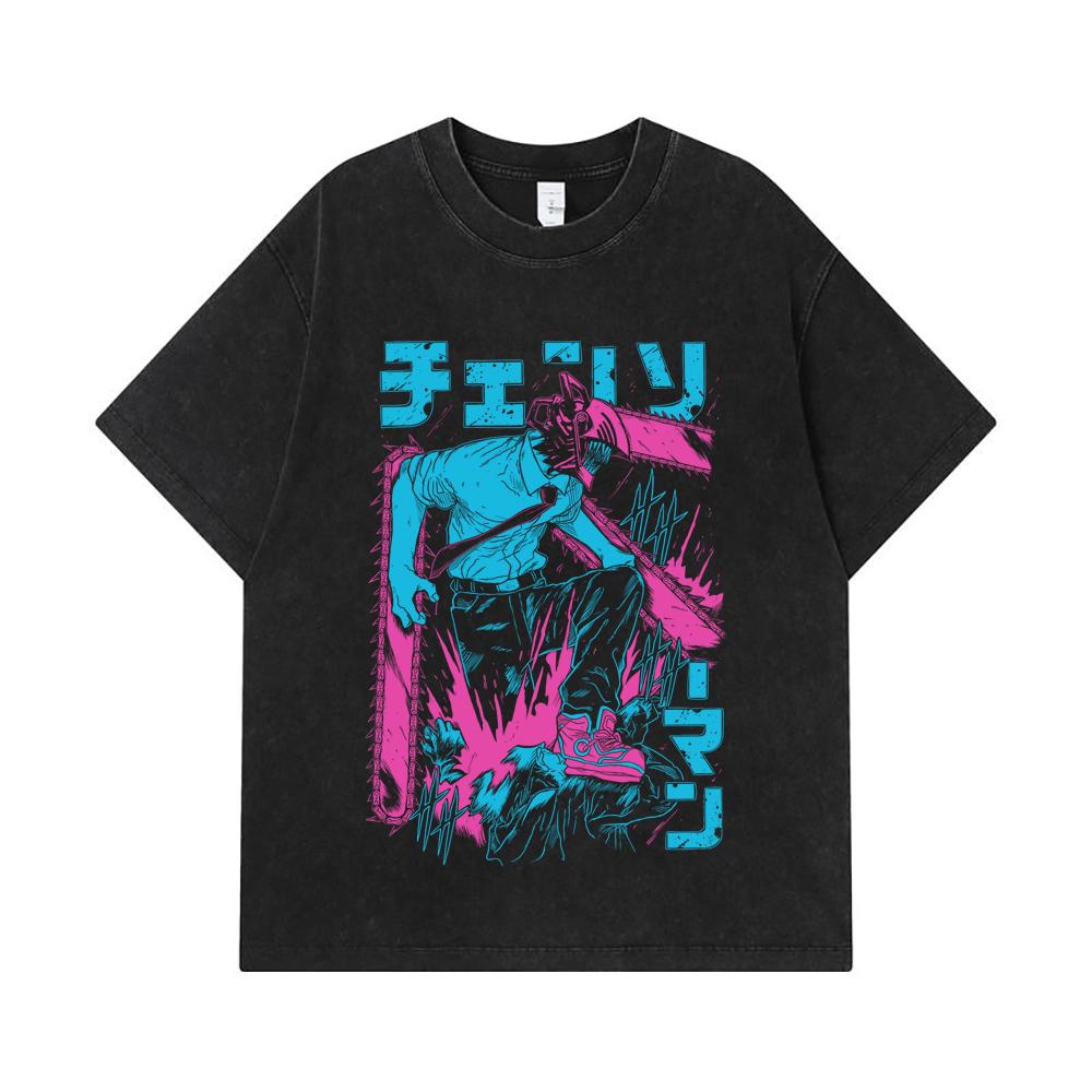 275 GSM Washed T-shirts 100% Cotton Chainsaw Man V9 Denji Print Unisex Heavy Cotton T Shirt