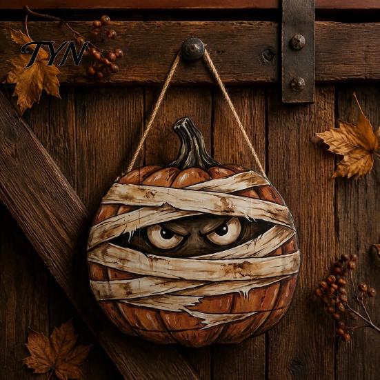 Autumn Theme Room Furnishings Halloween Mummy Pumpkin Hanging Sign, Retro Wooden Pendant with Ghost Wall Decor Hemp Rope for Front Door Entrance Party