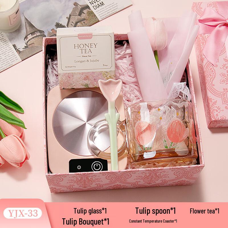 Glass Mug Gift Set with Warmer and Flower Tea Set 33