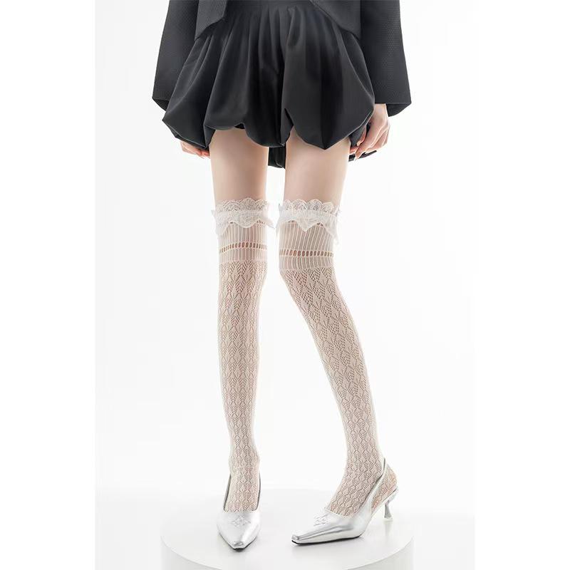 White Lace Flower Pattern Ruffled Calf Socks for Women - Ultra-Thin, Sexy, Sweet, Hollow, Long Boot Socks