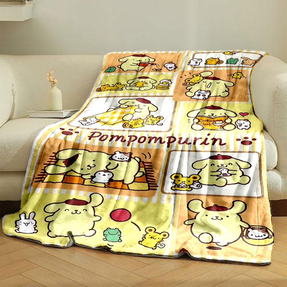The image features playful scenes of Pompompurin with friends and activities. for all seasons blanket lunch break throw gift