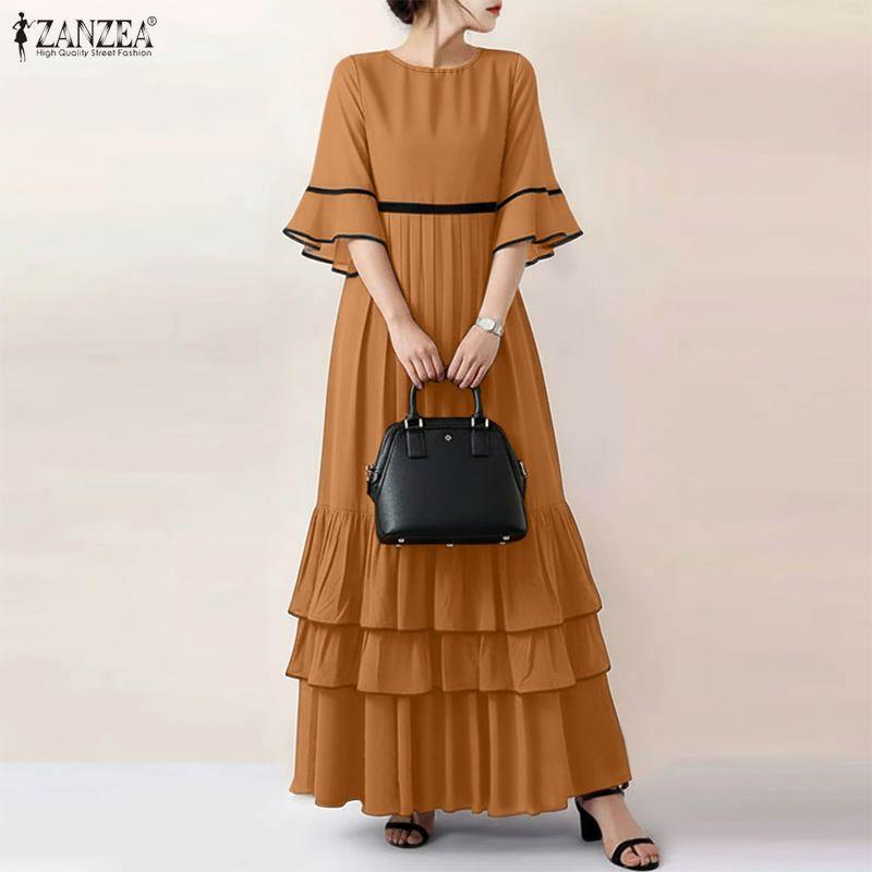 ZANZEA Women Casual Round Neck Short Sleeve Summer Ruffles Long Dress