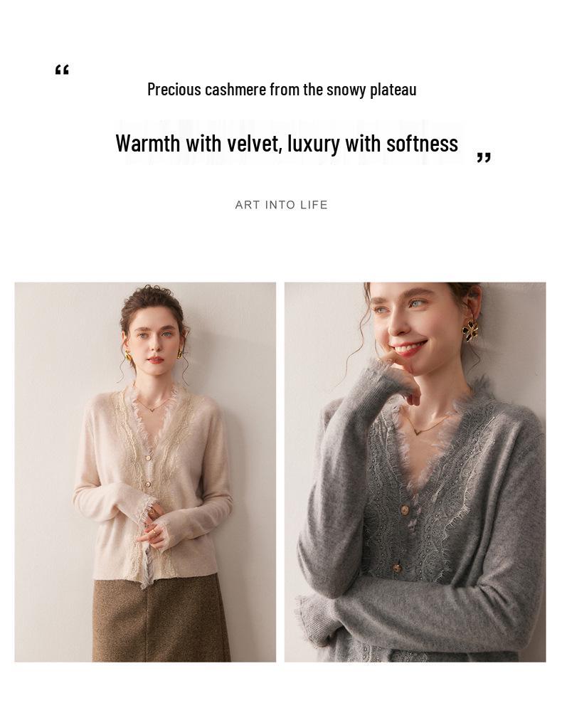 2025 Herbst/Winter Damen V-Ausschnitt Kaschmir Spitzen Strickjacke