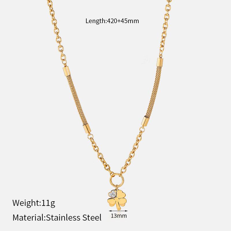 Golden four-leaf clover necklace women's light luxury retro double-layer chain pendant collarbone chain European and American style stainless steel
