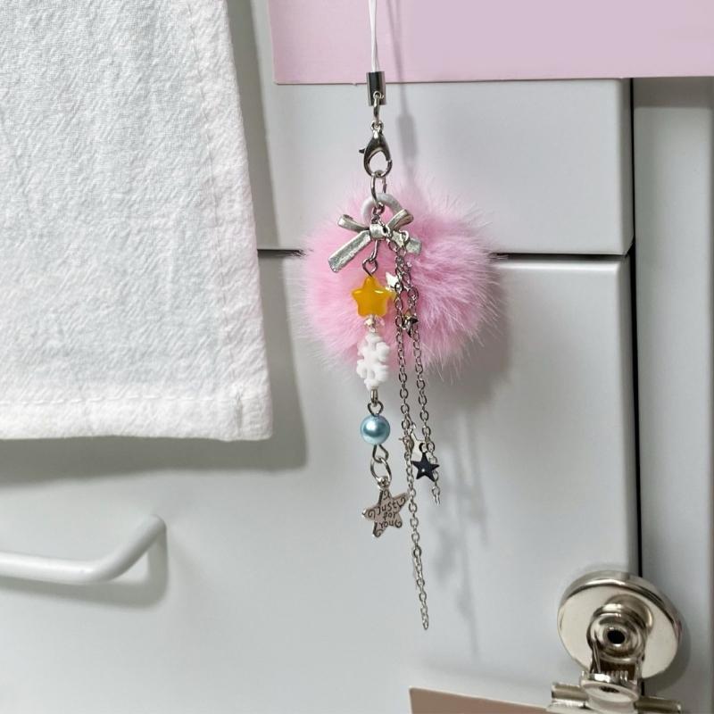 Fuzzy Balls Snowflake Star Bead Cellphone Strap Christmas Phone Lanyard Colorful Beaded Bag Charm Holiday Accessory
