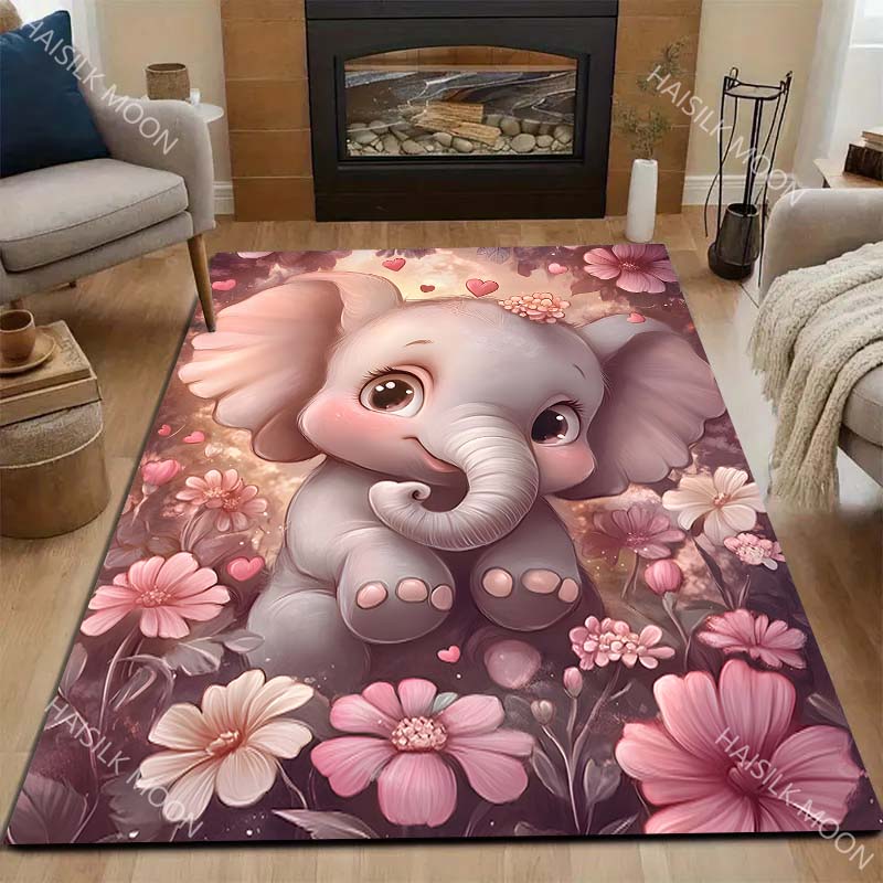 Dreamy Elephant Flowers Carpet for Living Room Bedroom Bedside Floor Mat Sofa Table Area Rugs Home Decor Large Size