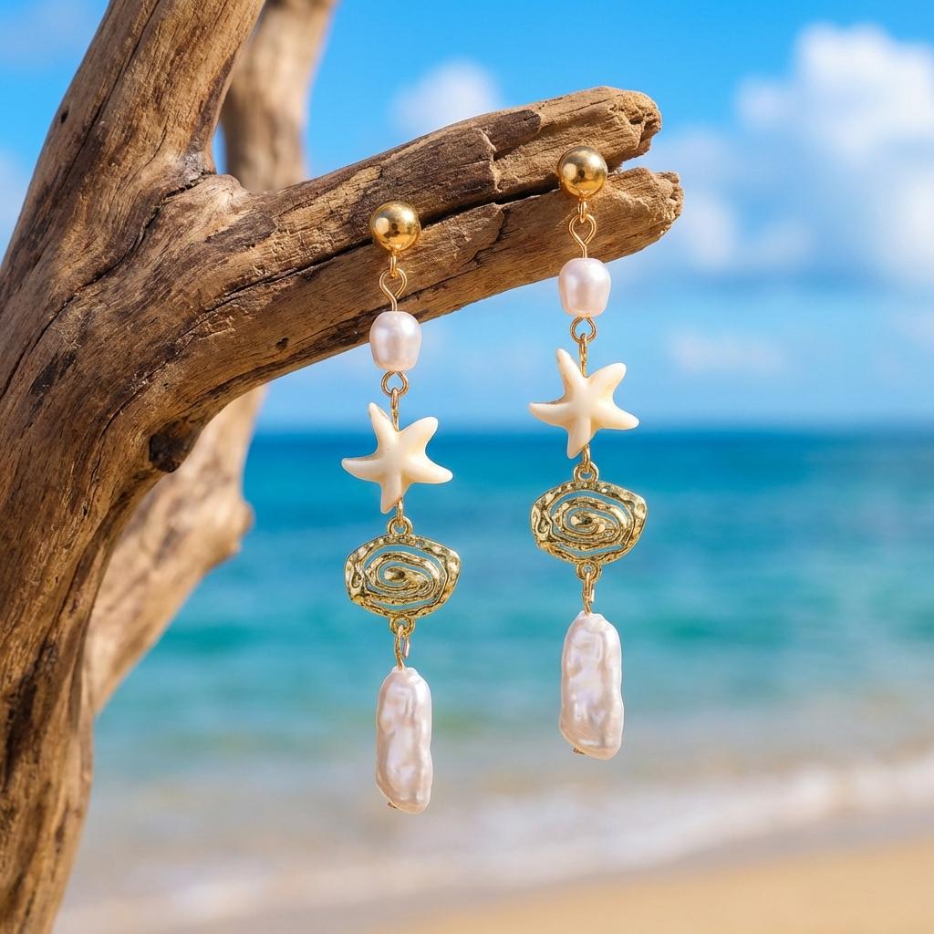 Bohemia Metal Starfish Shell Tassel Drop Earrings for Women Exquisite Imitation Pearl Seashells Earring Summer Party Jewelry