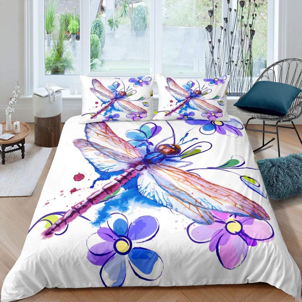 Dragonfly Duvet Cover Set King Queen Full Size Polyester Comforter Cover Watercolour Style For Kids Teens Adults With Pillowcase