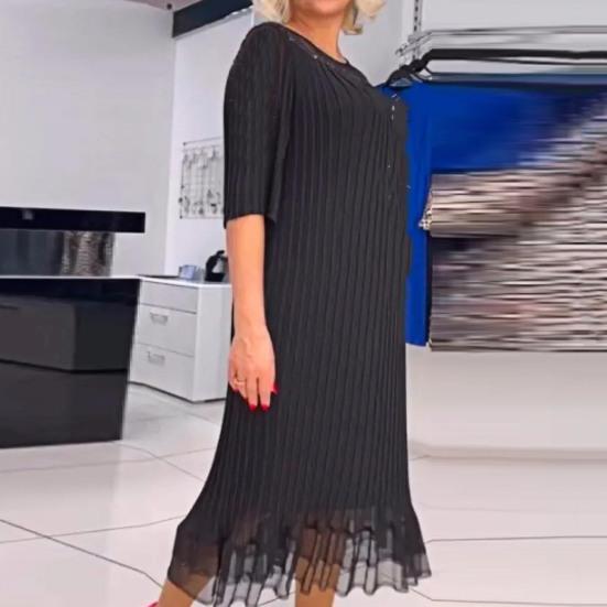 Women Dress Half Sleeve O Neck Double-layer Mesh Patchwork Ruffle Hem Plus