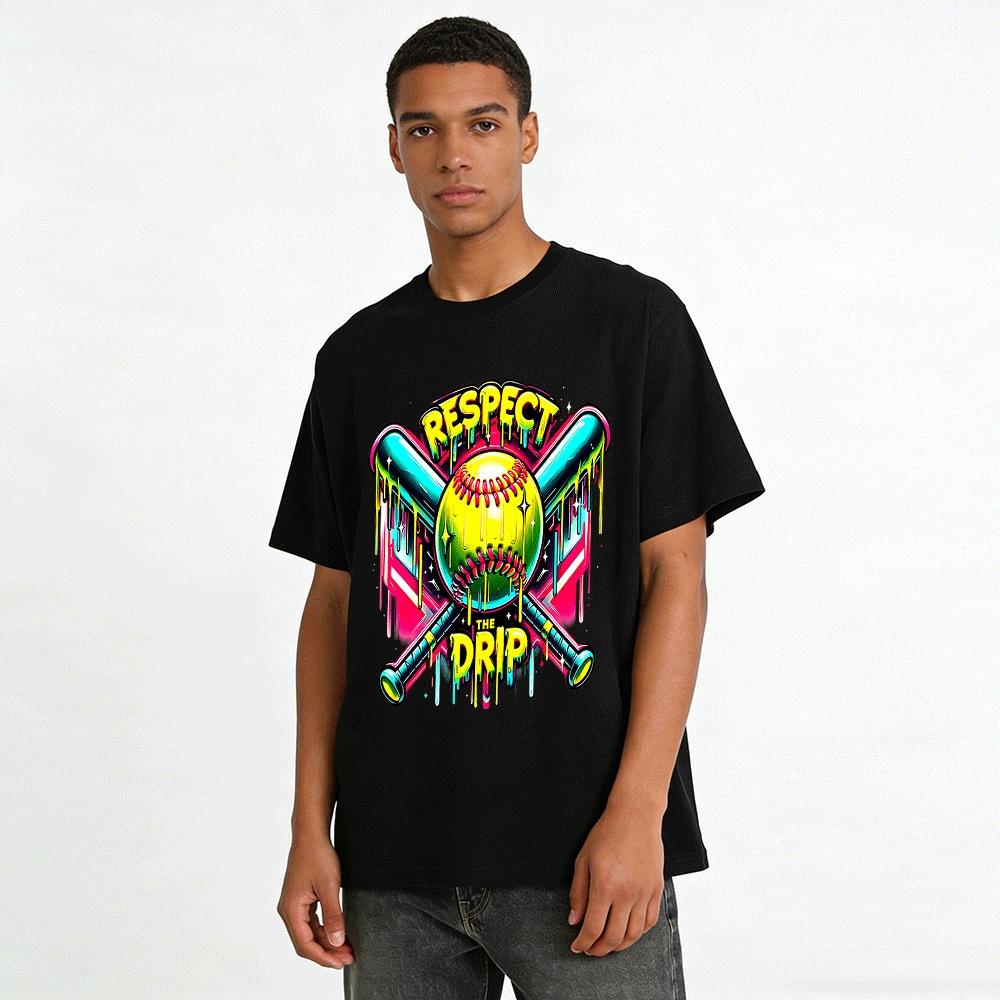 Respect The Drip Baseball Graphic Tee Hip Hop Streetwear Top Pure Cotton T-shirt