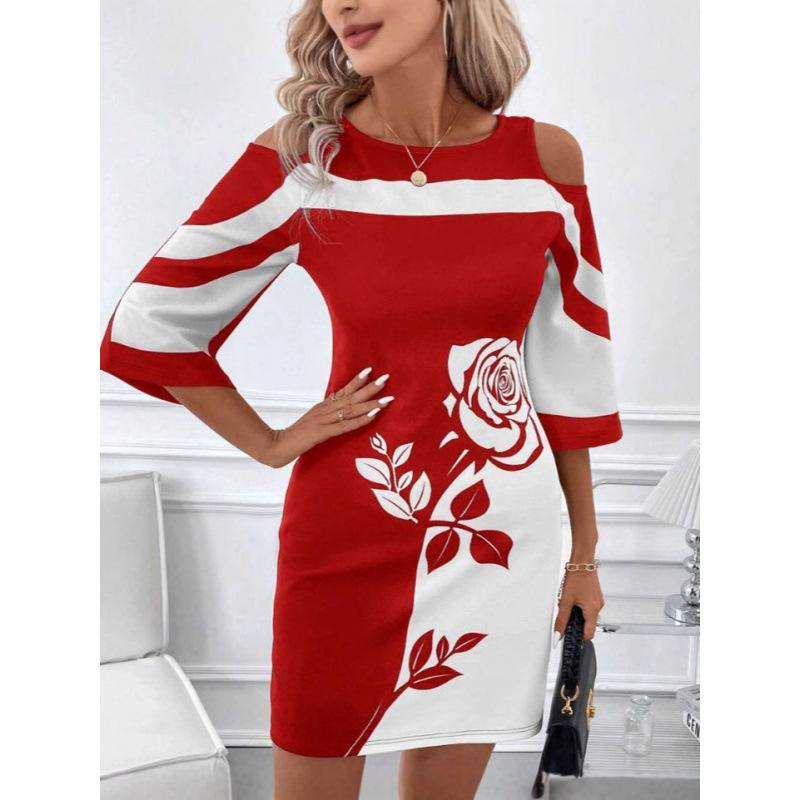 

Весенне-Осеннее Платье Модное С Круглым Вырезом Длинный Рукав Элегантное Женское Черно-Белый Контраст Стройное С Открытыми Плечами Платья S красный