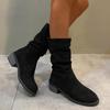 Classic Solid Black Suede Mid Calf Western Boots Women Brand Designer Medium Heel Riding Boots Sexy Pleated Silp On Winter Shoes
