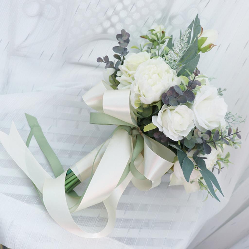 Hand Bouquet Artificial Silk Flowers White Rose Peony Floral Ornament for Women Teenager Girl Photo Props