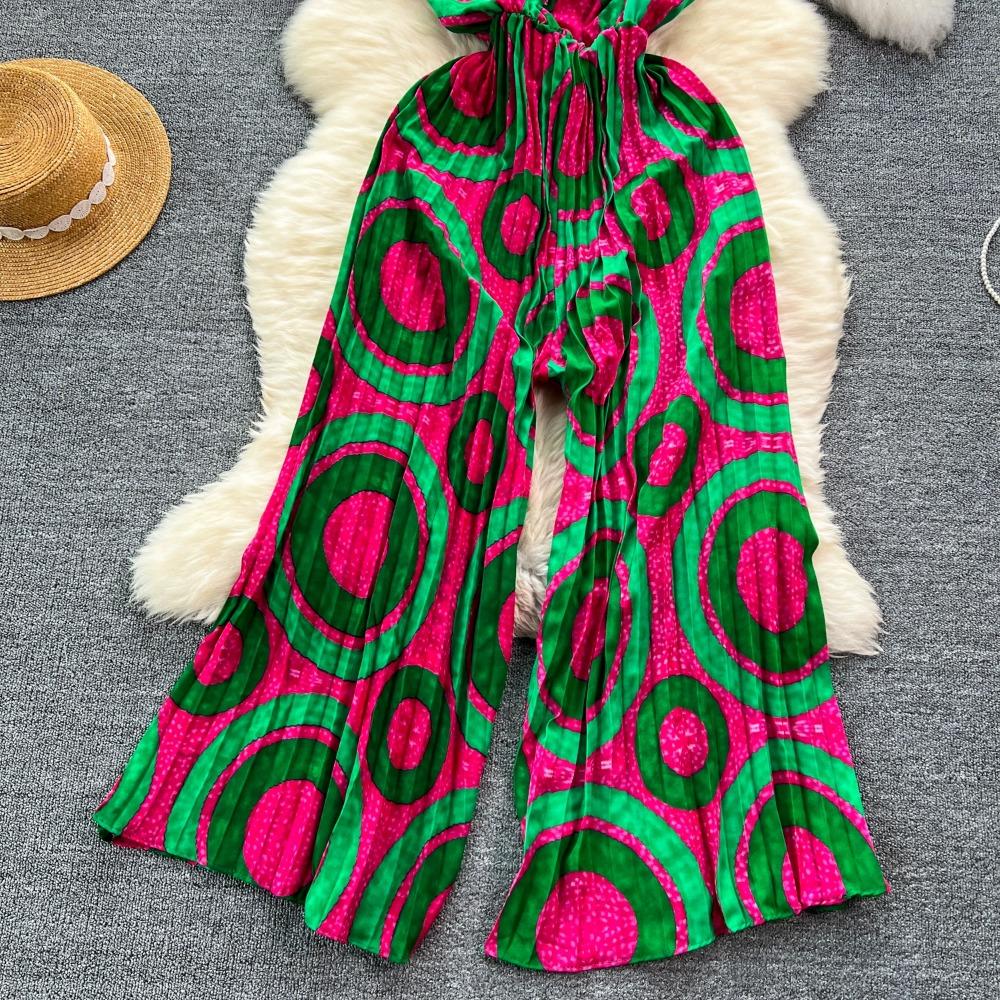 Casual Feminino Verão Floral Estampa Macacões Moda V Decote Sem Mangas Cintura Alta Larga Plissado Perna Comprimento Total Macacão