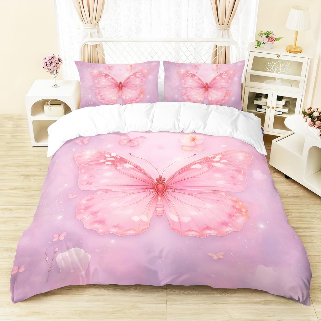 3Pcs Pink Butterfly Patterned Duvet Cover Set, 1 Duvet Cover+2 Pillowcases, Coreless. Soft And Comfortable Bedding Set