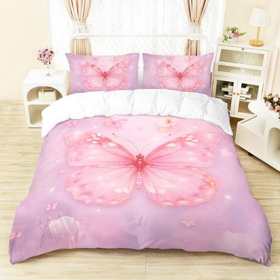 3pcs Pink Bedding Set Beautiful Butterfly Printed Cozy Soft Duvet Cover King Queen Twin Size Birthday Gift Adult Bedroom Decor