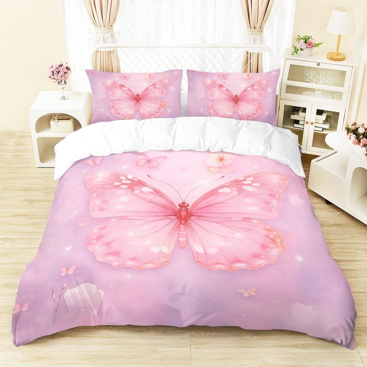 

3pcs pink butterfly patterned duvet cover set, 1 duvet cover+2 pillowcases, coreless. Soft and comfortable bedding set 135x200cm-EU-Single&set