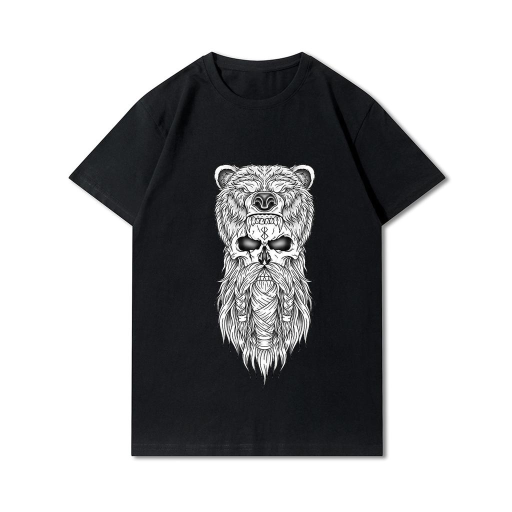 100% Cotton Summer Men T Shirts Viking Vintage Skull Beard with Headphone Printed Casual Top Tees