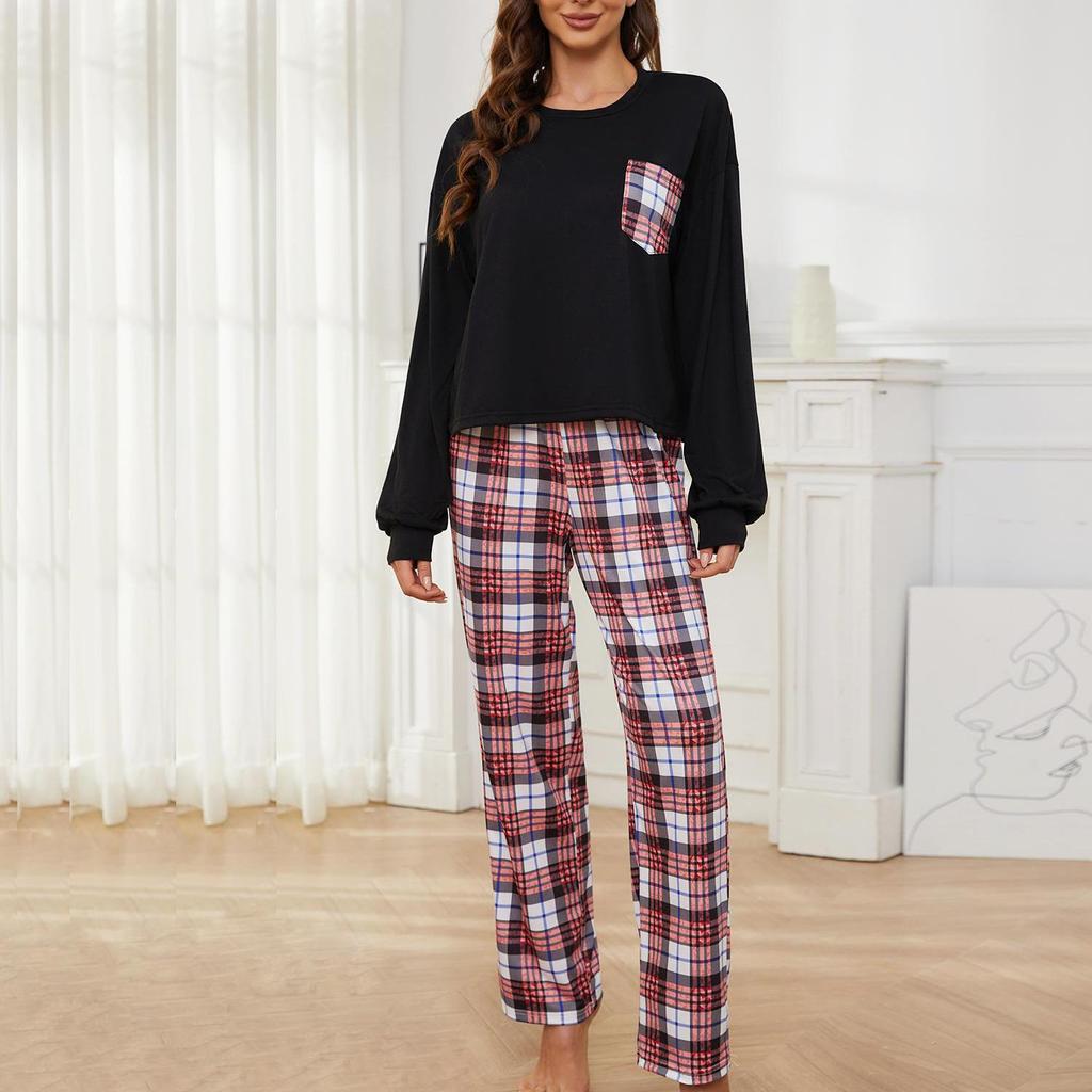 Pyjama 2 pièces pour femme, pantalon à carreaux, chemise à manches longues, vêtements de maison décontractés, printemps-automne