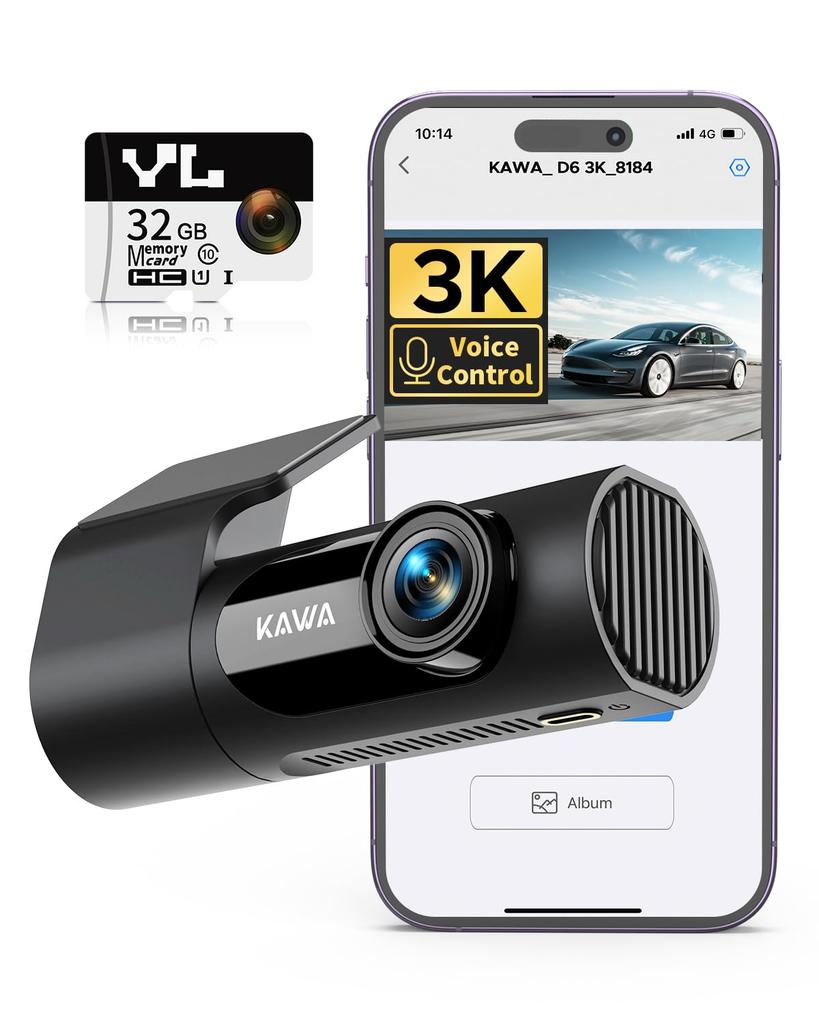 KAWA 3K Front Dash Cam with 32GB SD Voice Parking Night Loop App Screen Rotation Card, Control, Built-in Wi-Fi, 24-Hour Monitoring, G-Sensor, Vision,