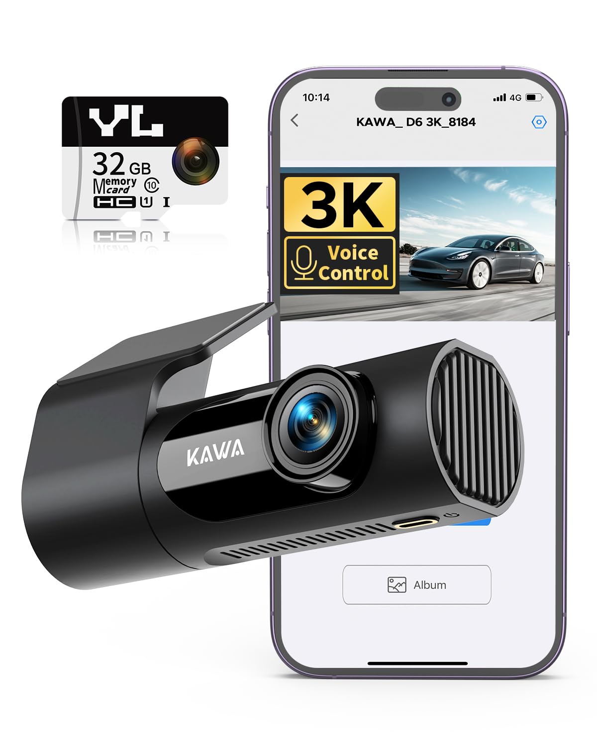 

KAWA 3K Front Drive Recorder, 32GB SD Card Included, Voice Control, Built-In WiFi, 24-Hour