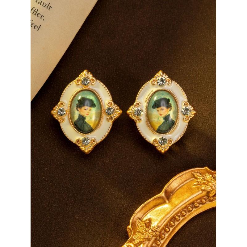 Vintage Palace Style Girl Portrait Earrings With Retro Temperament High-end Feel Antique