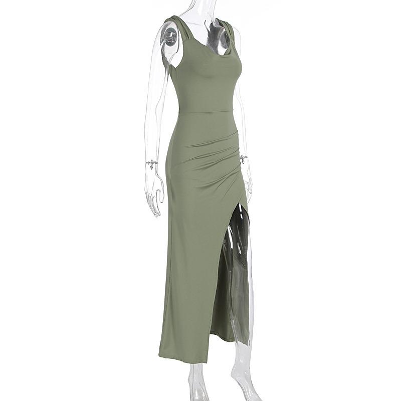 Women European Style Backless Sleeveless Lace Up Slit Slim Long Dress