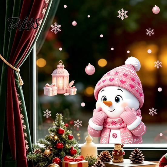 Decorative Snowflake Wall Decals Christmas Snowman Static Glass Stickers, Pink Decals, Waterproof PVC Holiday Seasonal Window Art Clings for