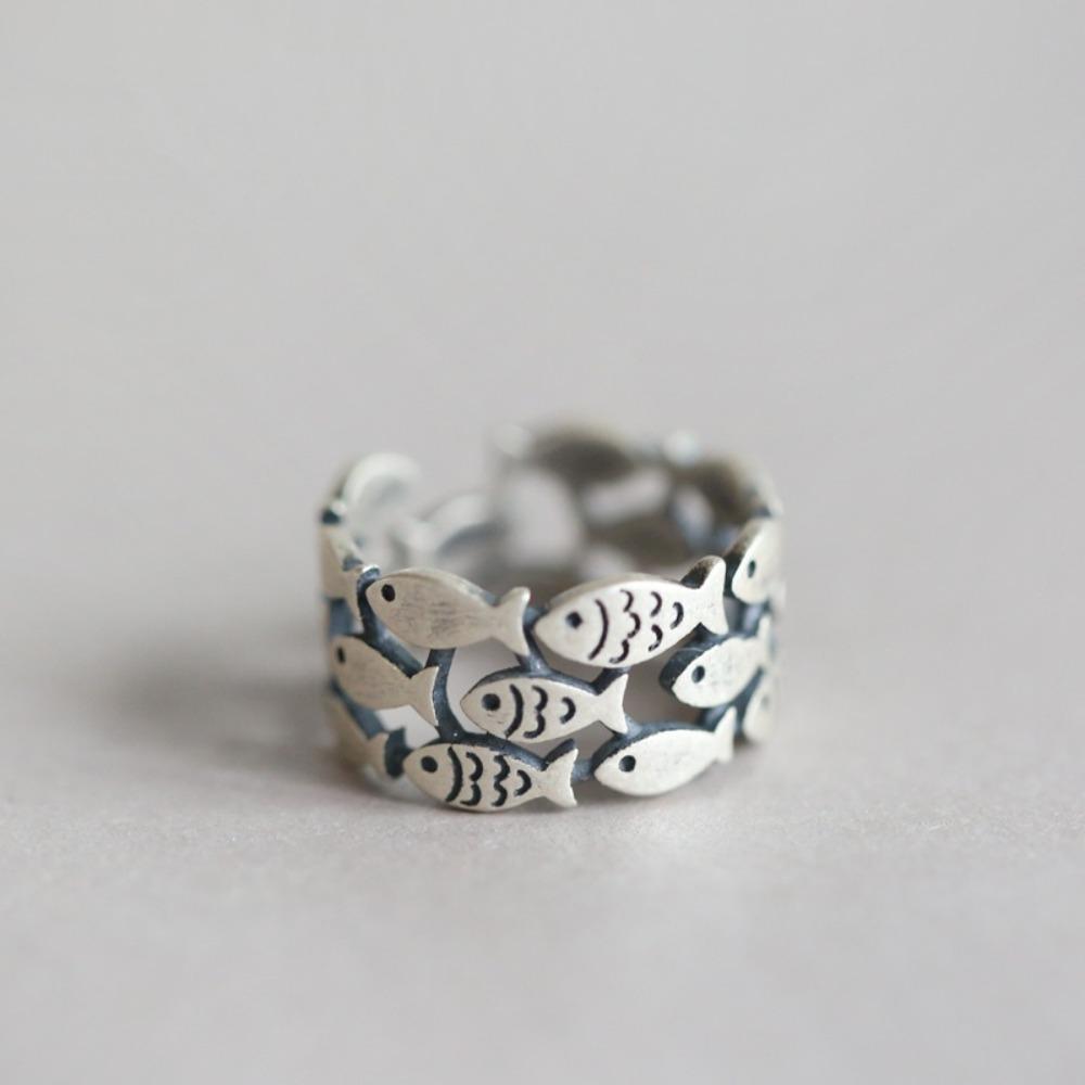 925 Silver Plated Retro Fish Open Ring Wide Band Unisex Thai Silver Jewelry Symbol of Abundance adjustable