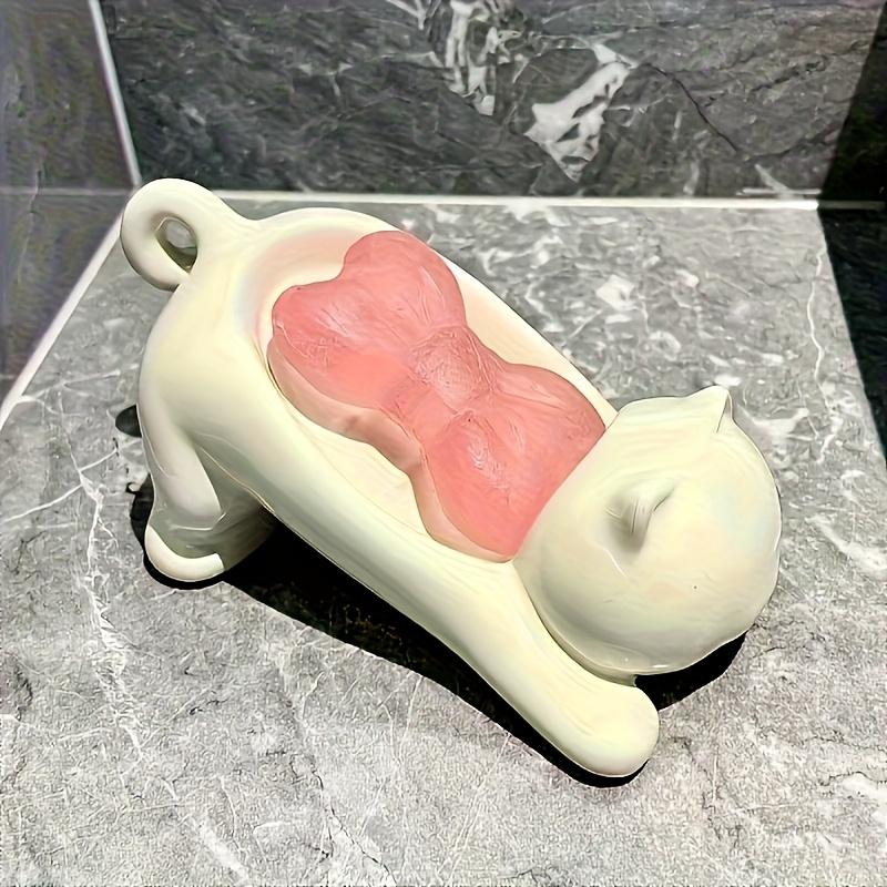 Adorable Cartoon Cat Soap Dish Holder - Glossy White & Pink Plastic Bathroom Storage for Soap & Sponge, Cute Decorative Drainage Design