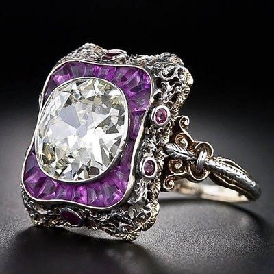 Punk Style Silver 925 Jewelry Amethyst Ring for Women Large Round Gemstones Hyperbole Geometry Rings Party Female Gift