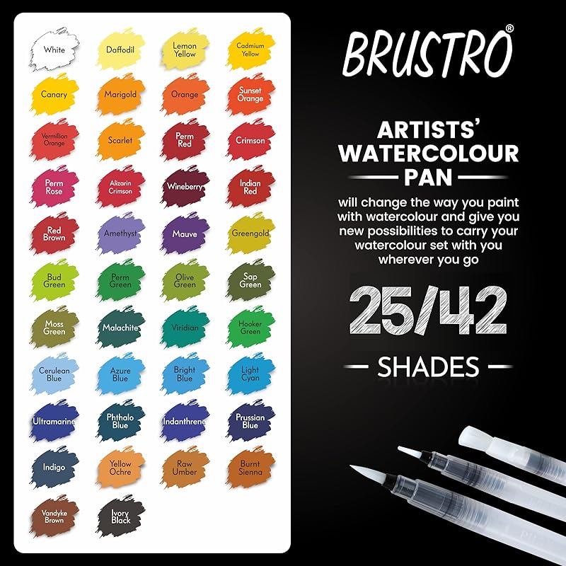 

Brustro Artists Watercolour Travel Pan Set Of 25 Colours | Foldable, Rich Pigment, Vibrant Colors, Ideal For Plein Air P Set of 25