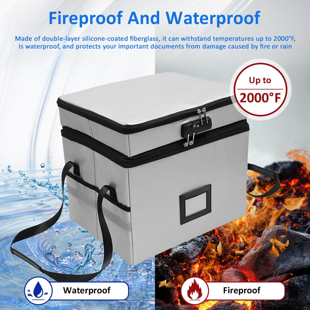 2-Layer Fireproof Document Box Large Capacity Documents Storage Box with Combination Lock Waterproof Fire Safe Box for Valuables