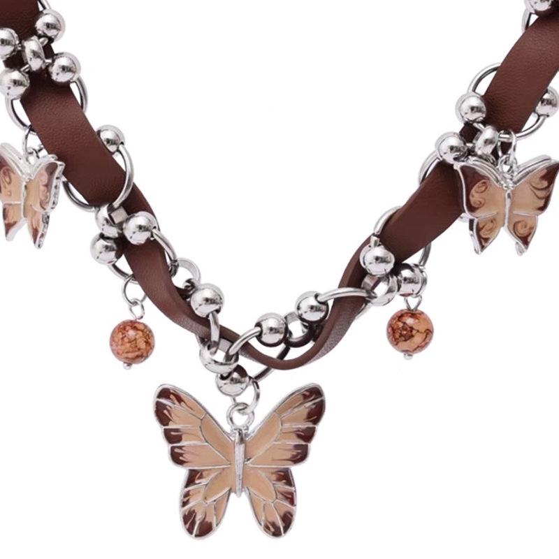Retro Brown Maillard Heavy Duty Butterfly Collar Choker Necklace for Women - Unique High-End Leather Design