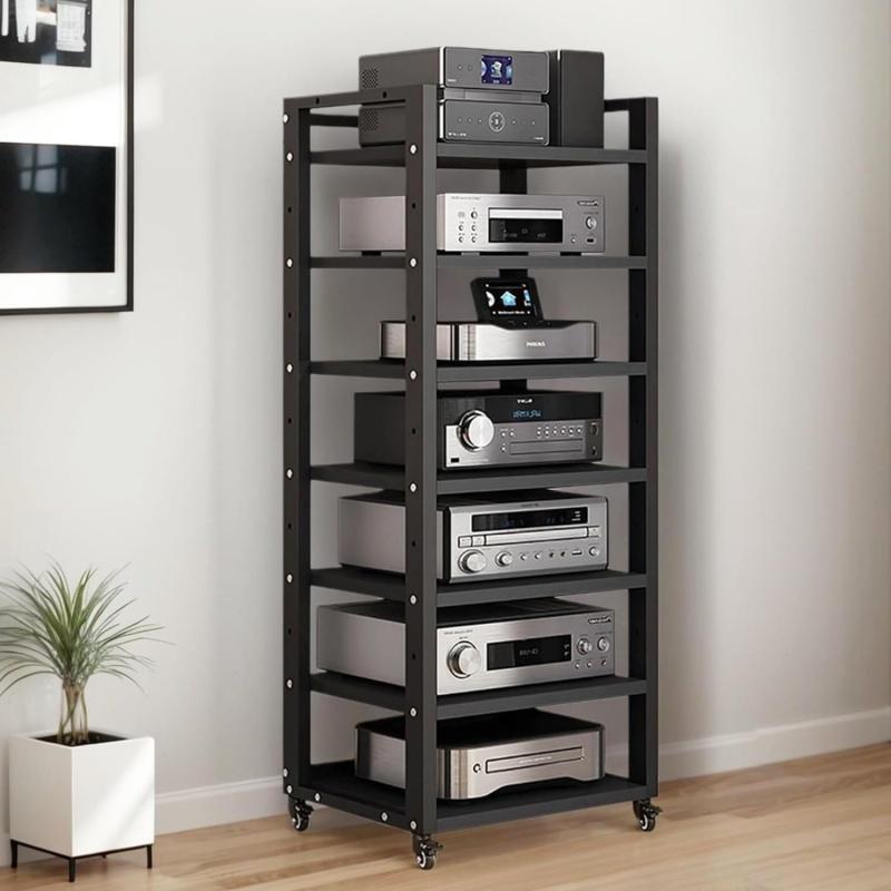 Media Audio Tower Cabinet Height Adjustable Shelves Stereo Cabinet Shelf Rack Tower with Wheels for Living Room Bedroom Office