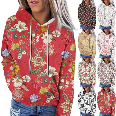 Dámska módna ležérna mikina s kapucňou a kvetinovou potlačou s dlhým rukávom