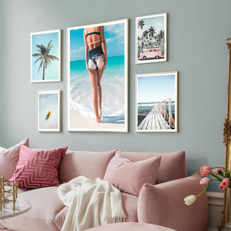 Summer Seaside Scenery Beauty Palm Tree Surfboard Nordic Poster Landscape Decoration Painting Canvas Art Wall Picture HD Print