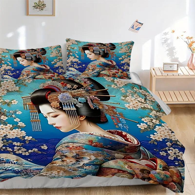 3pcs Anime Kimono Geisha Comforter Set with One Quilt Cover and Two Pillowcases (No Core) - Home Decor, Festival Gift, Polyester Fabric, Anime Cartoon